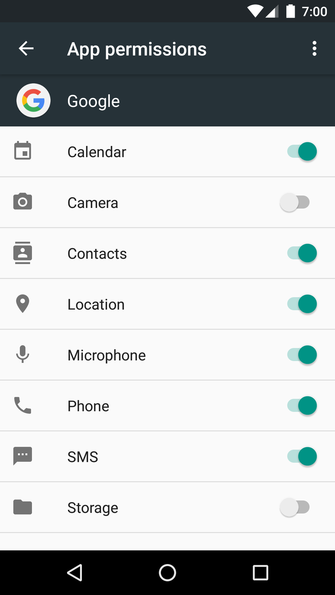Android app permissions screen showing toggles for calendar, camera, contacts, location, microphone, phone, SMS, and storage before setup.