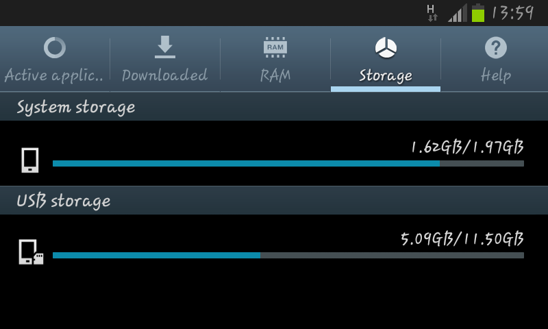 Android storage settings screen showing device and USB storage usage before a transfer.
