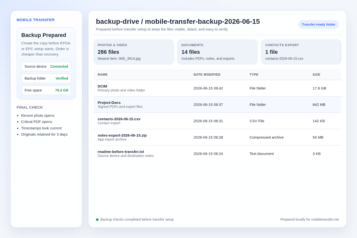 Preparing a backup folder before starting a mobile transfer.